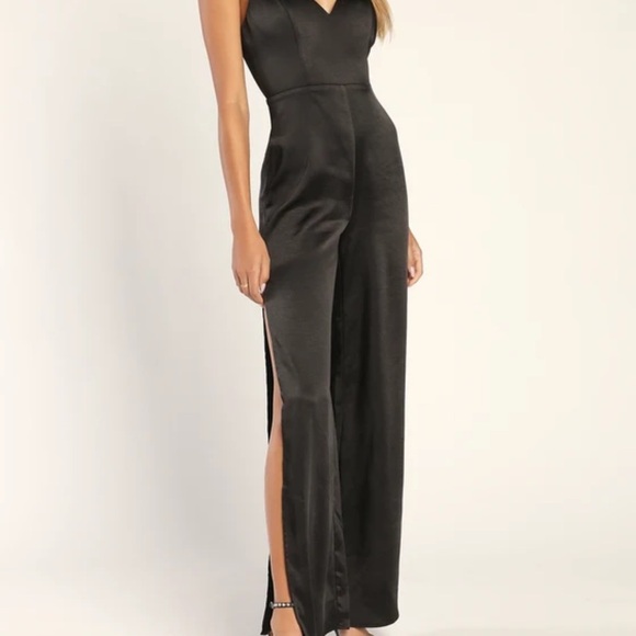 Lulu’s You're My Favorite Black Satin Slit Leg Jumpsuit - Picture 2 of 9